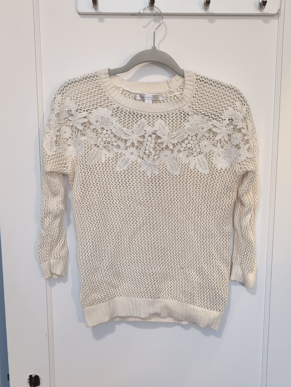 LC Lauren Conrad Cream Crochet Floral Yoke Crew Sweater